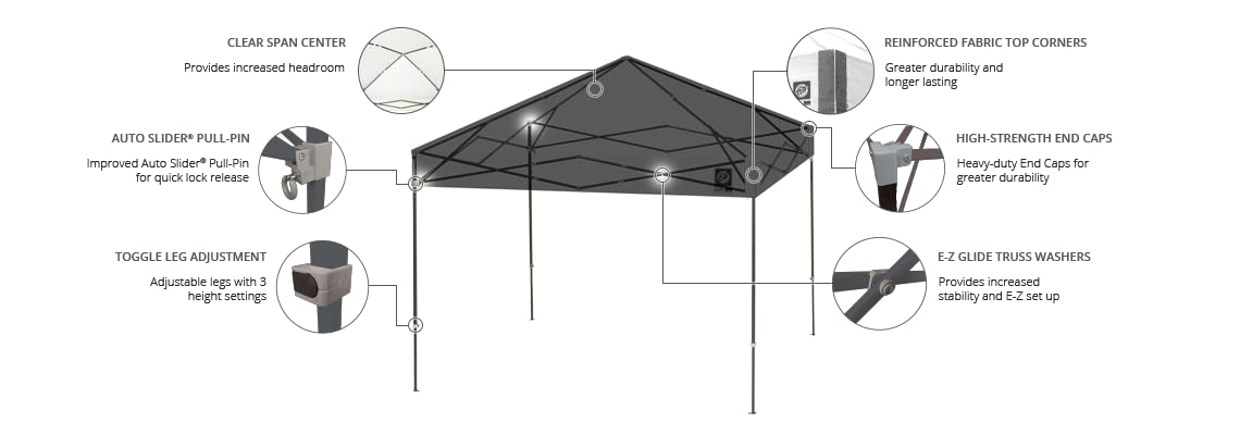 Ambassador Instant Pop Up Canopy Tent 10x10 ft with Roller Bag and 4 Piece Spike Set Steel Gray