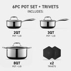Hybrid nonstick 6 piece pot set with trivets 2 3 and 8 quart pots and lids kitchen cookware set