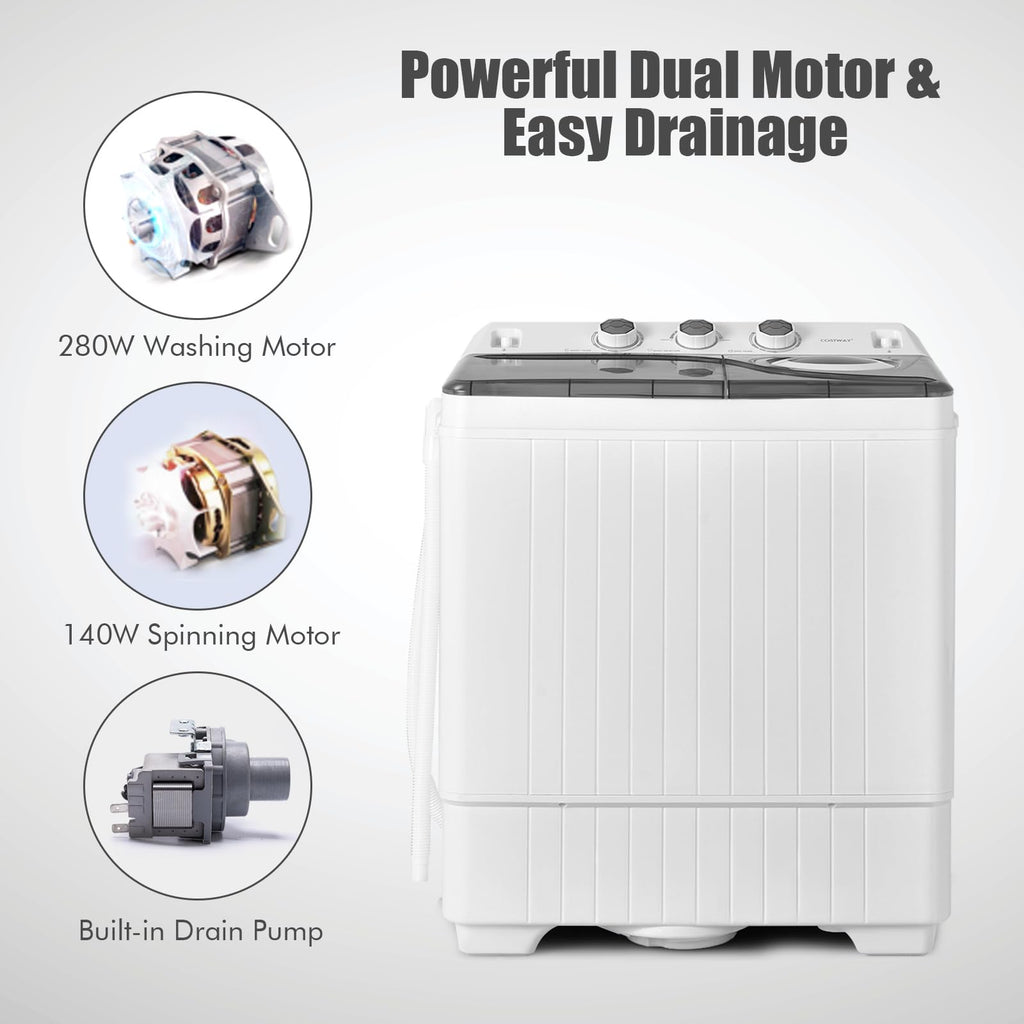 Portable Twin Tub Washing Machine 26lbs 18lbs Washer 8lbs Spinner Timer Knobs Drain Pump Compact Grey White