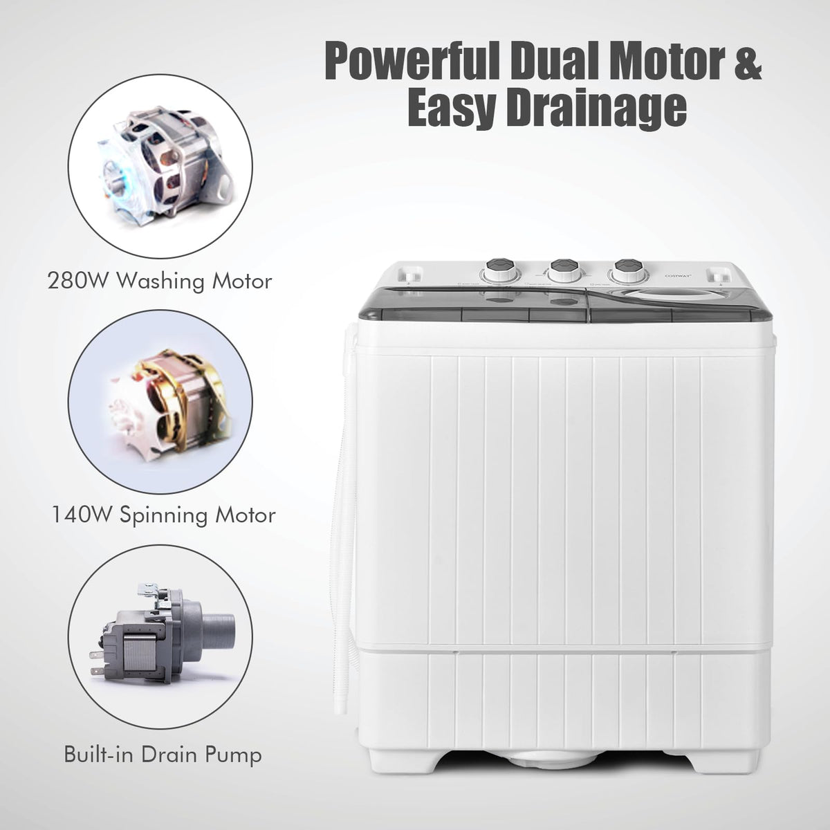 Portable Twin Tub Washing Machine 26lbs 18lbs Washer 8lbs Spinner Timer Knobs Drain Pump Compact Grey White