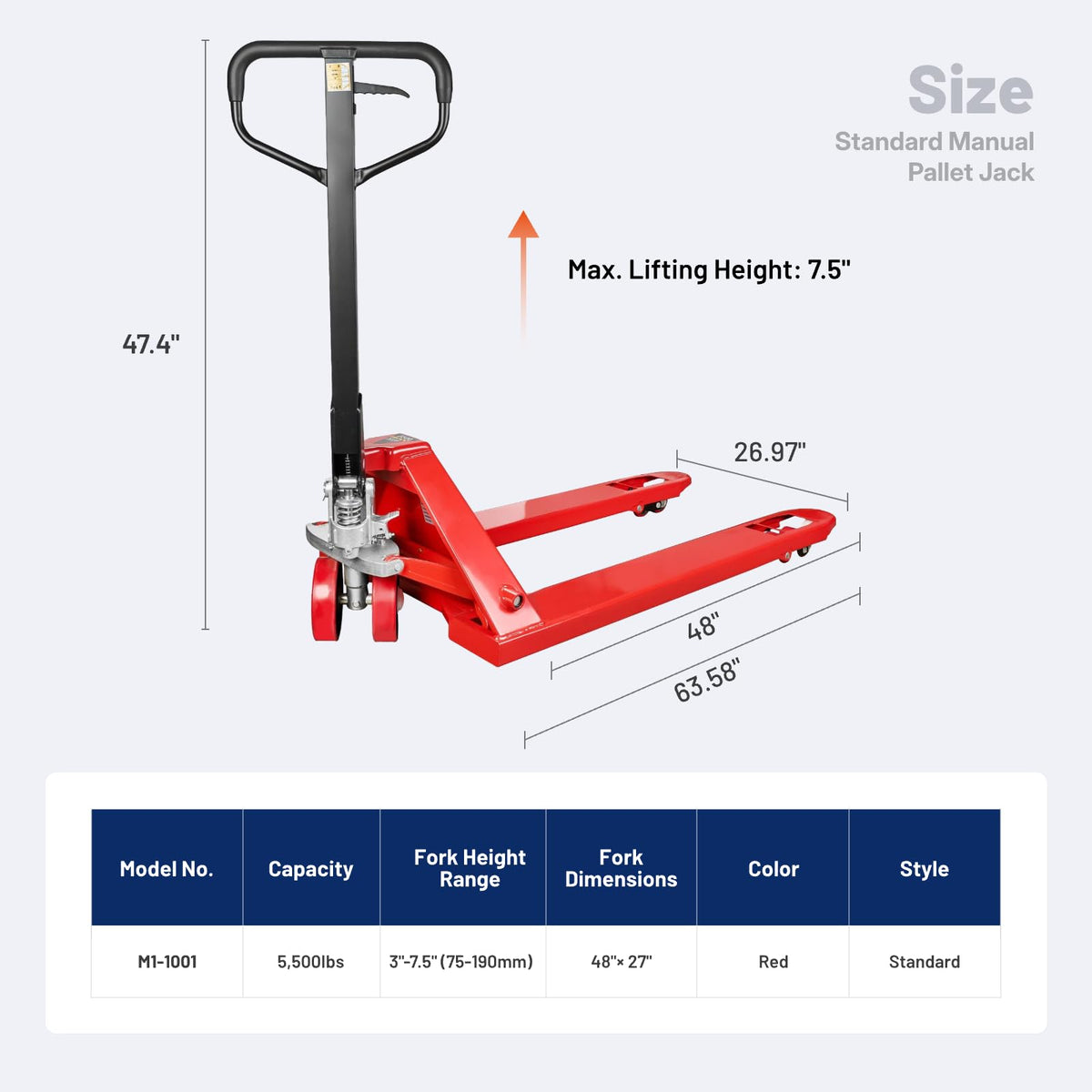 Manual Pallet Jack with 48 x 27 Inch Forks, 5,500 lb Capacity, PU Wheels