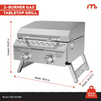 Portable tabletop 2 burner gas grill stainless steel barbecue with foldable legs for outdoor camping