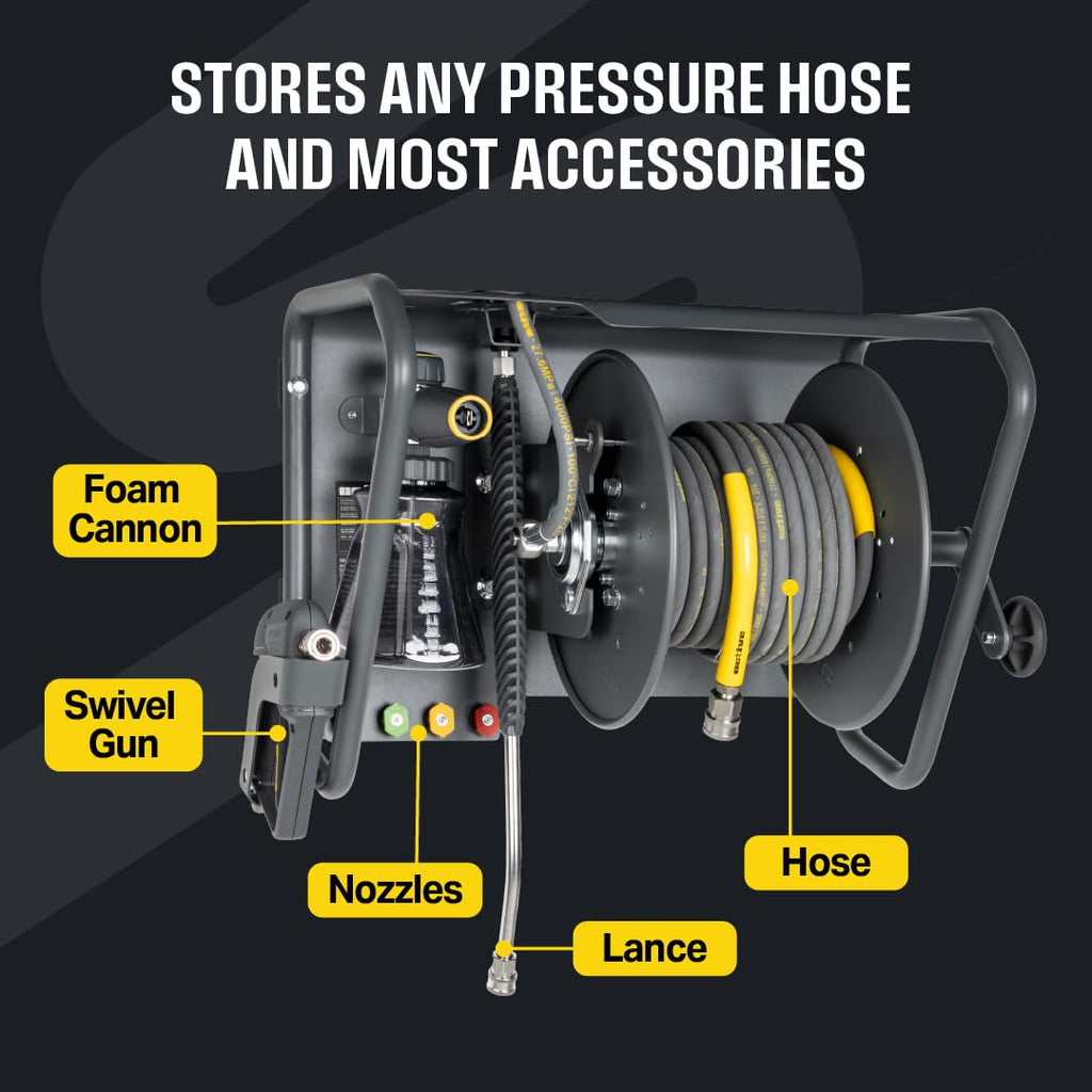 100 ft Pressure Washer Hose Reel Wall Mount 3/8 and 5/16 Lines Heavy Duty Outdoor Cleaning