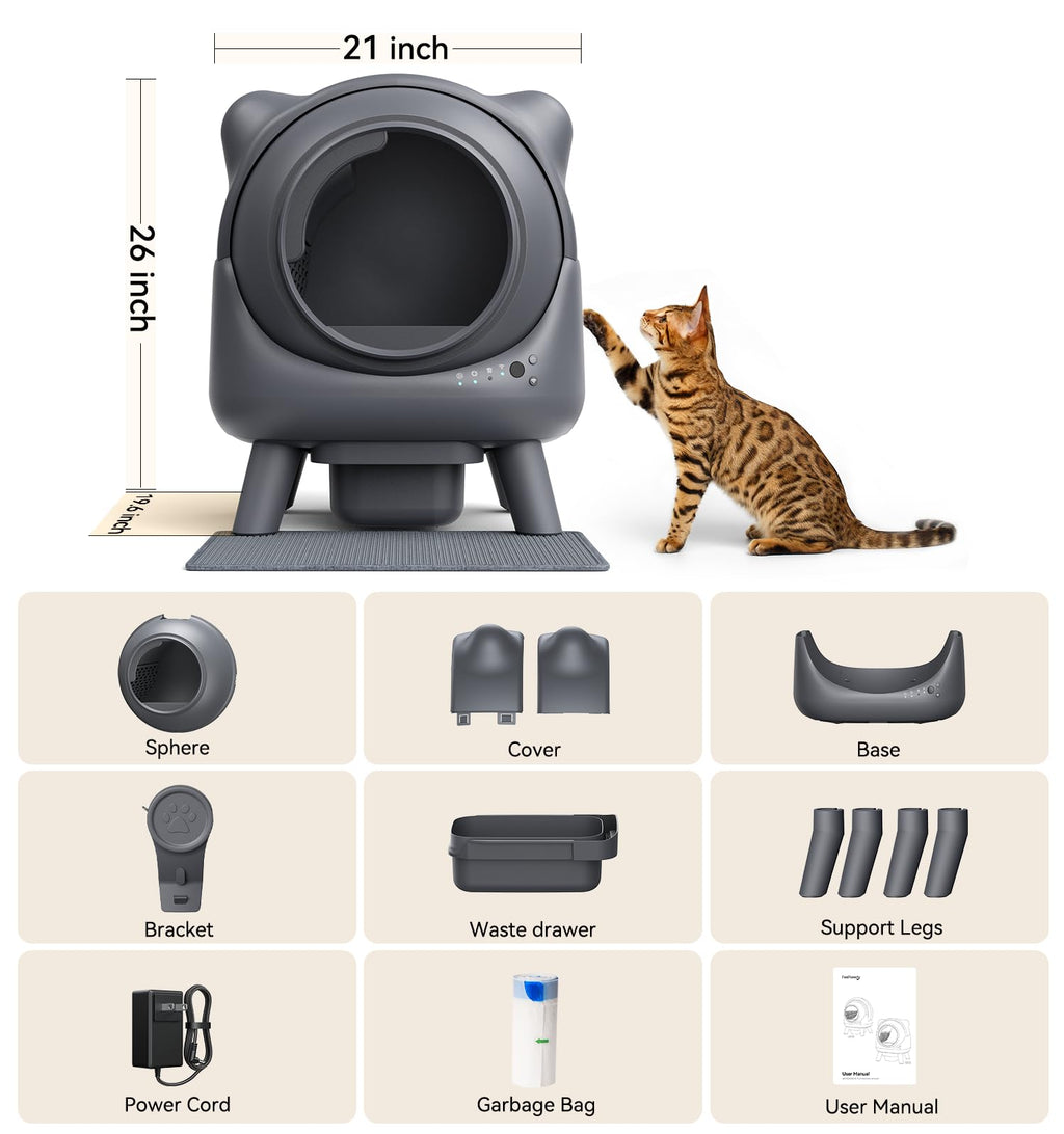 Auto Self Cleaning Litter Box Odor Control Robot Cat Ear 65L App Monitor Multi Cat Safety Sensor 1 Trash Bag