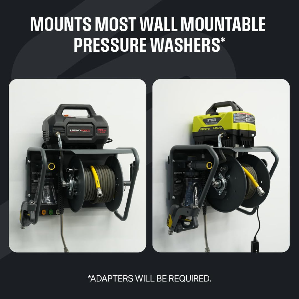 100 ft Pressure Washer Hose Reel Wall Mount 3/8 and 5/16 Lines Heavy Duty Outdoor Cleaning