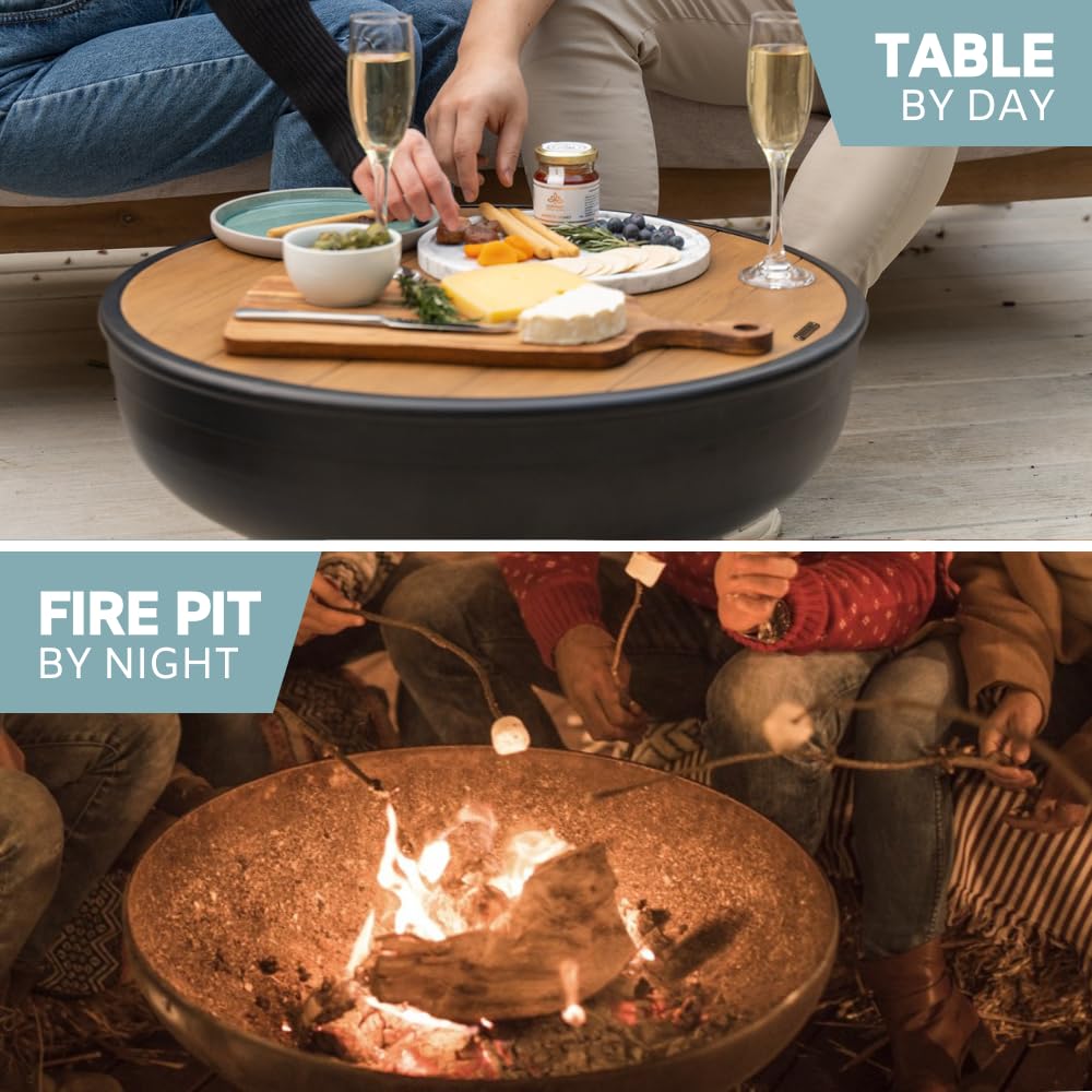 Iron fire pit table with lid extra thick heavy duty round fire bowl wood burning for outdoor patio bonfire