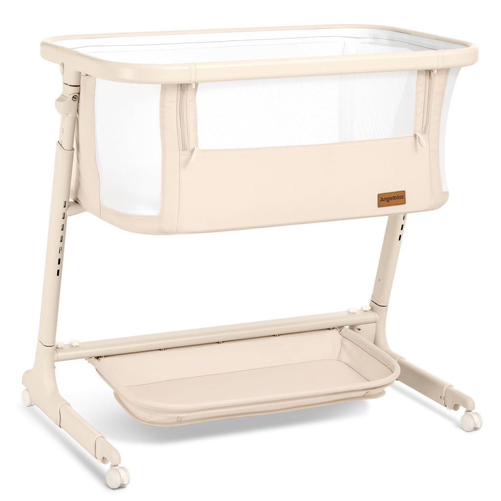 Electric Baby Bassinet Auto Rocking Bedside Sleeper 6 Heights Mattress Remote Control 5 Speeds 3 Timers Beige