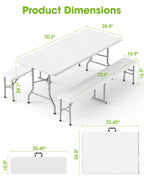 6FT Folding Table and 2 Chairs Set Sturdy Portable Picnic Table for Camping Garden BBQ White
