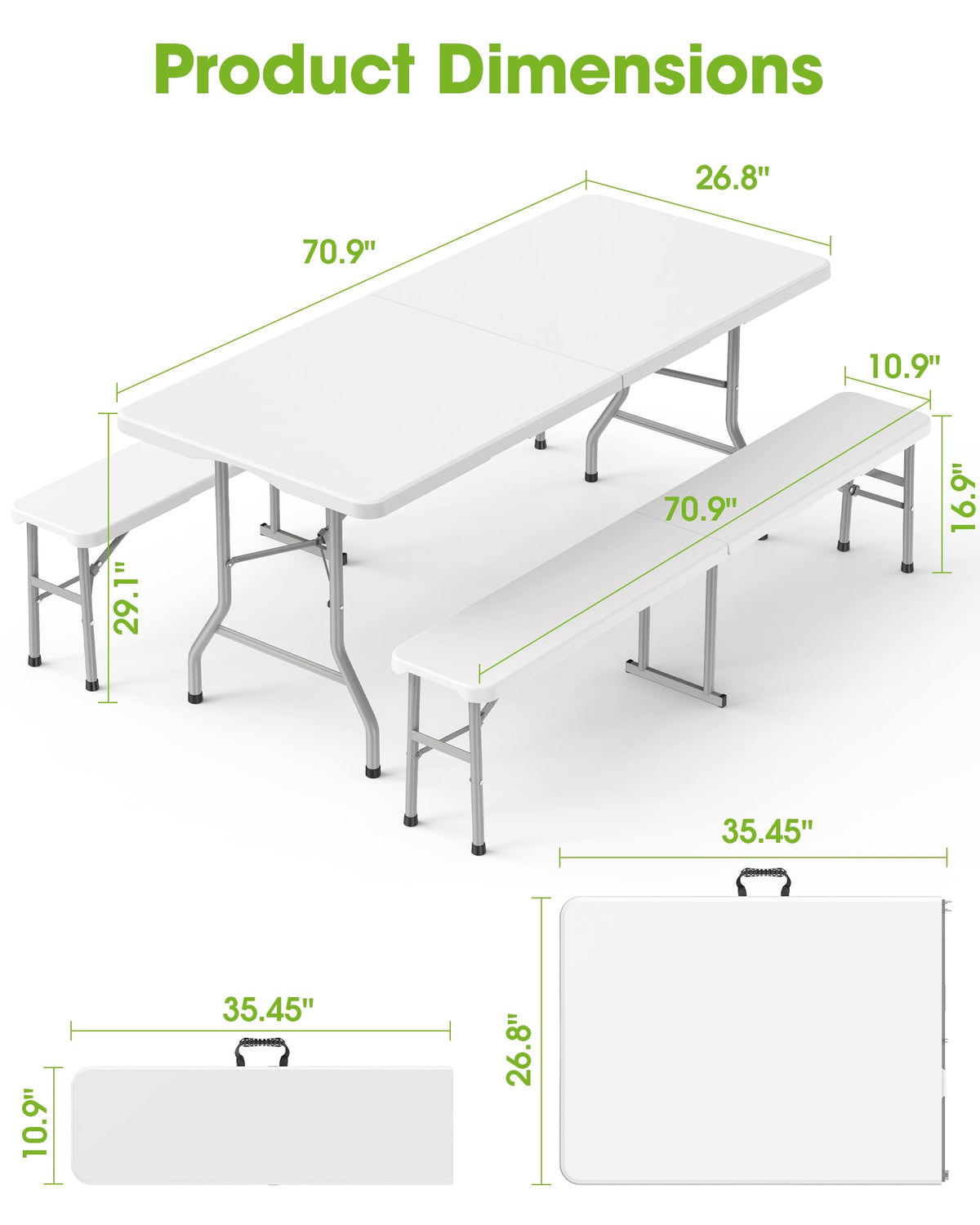 6FT Folding Table and 2 Chairs Set Sturdy Portable Picnic Table for Camping Garden BBQ White