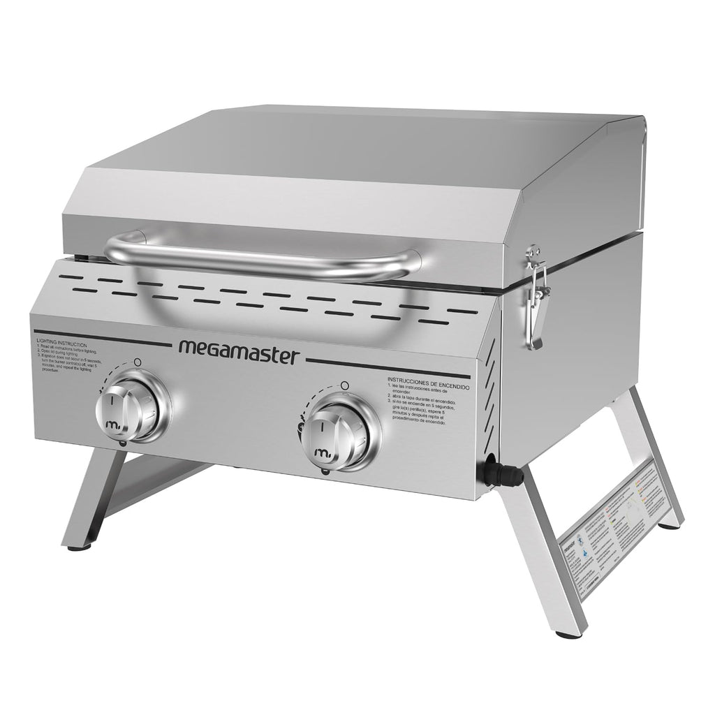 Portable tabletop 2 burner gas grill stainless steel barbecue with foldable legs for outdoor camping