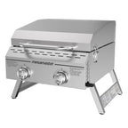 Portable tabletop 2 burner gas grill stainless steel barbecue with foldable legs for outdoor camping