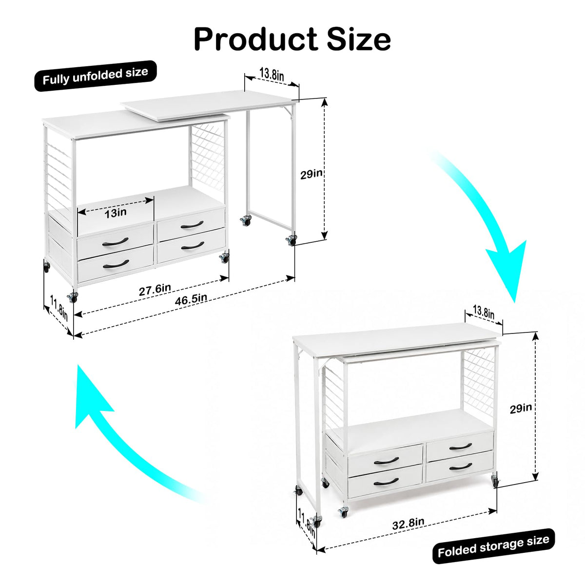 Folding sewing table with storage 46.5 inch 70 pegs and 4 drawers craft organizer for sewing room