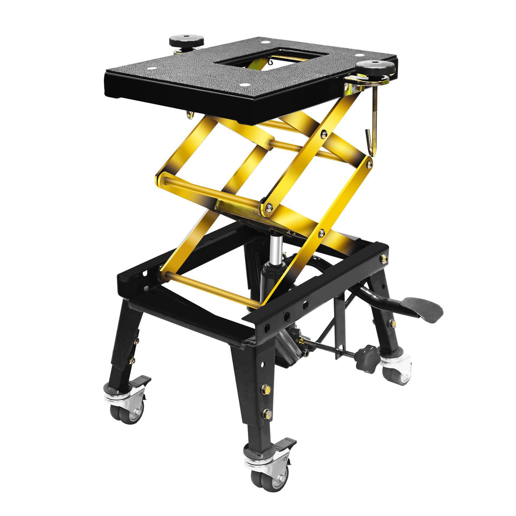 350 Lbs Motorcycle Lift Jack Table Hydraulic Foot Operated Scissor Lift for Bike Stand 4 Wheels Black