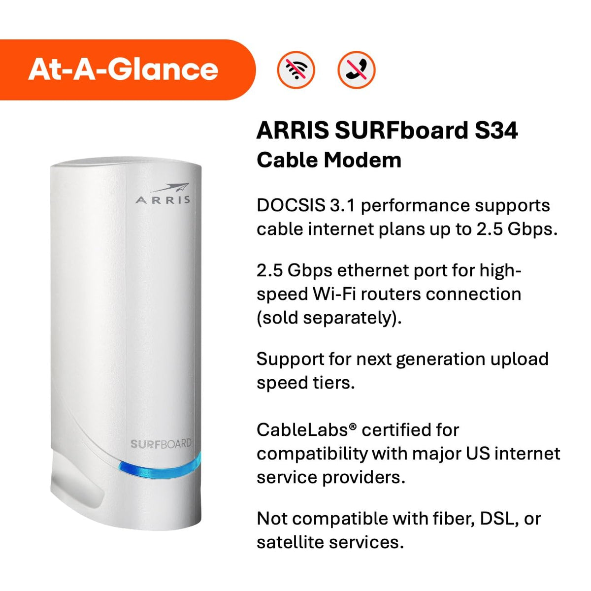 S34 DOCSIS 3.1 Multi Gig Cable Modem 2.5Gbps 1Gbps Ethernet Ports Compatible with Xfinity Cox Spectrum