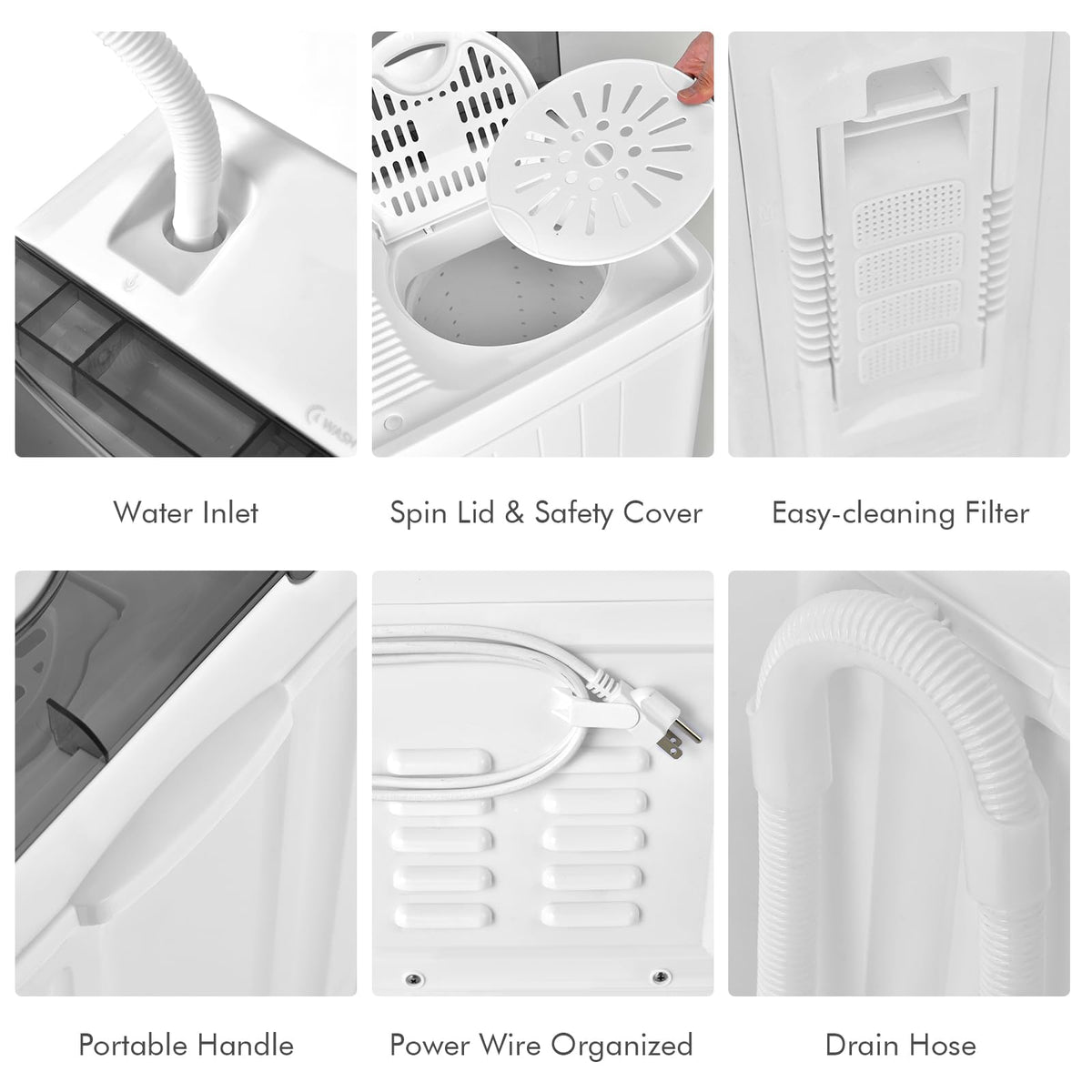 Portable Twin Tub Washing Machine 26lbs 18lbs Washer 8lbs Spinner Timer Knobs Drain Pump Compact Grey White