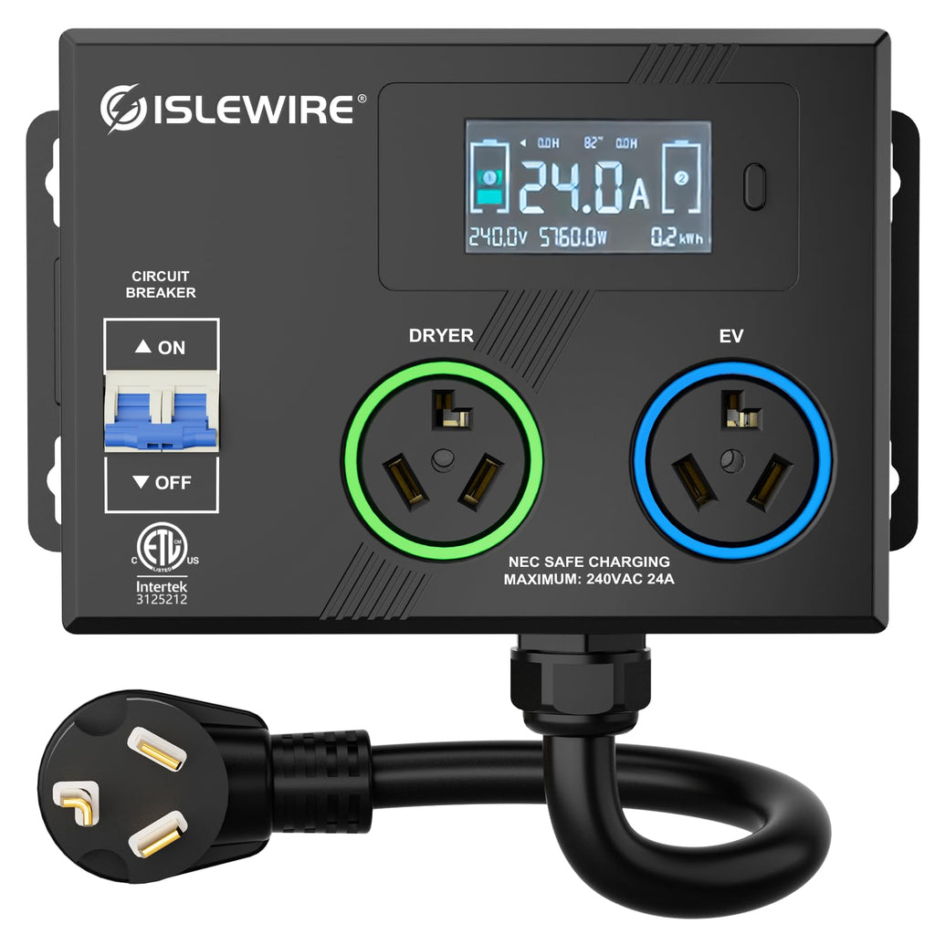Smart Dryer Splitter EV Dryer 240V Auto Power Switch 3 Color LED 3.4 in LCD No Rewiring ETL 24 amp NEMA 10-30