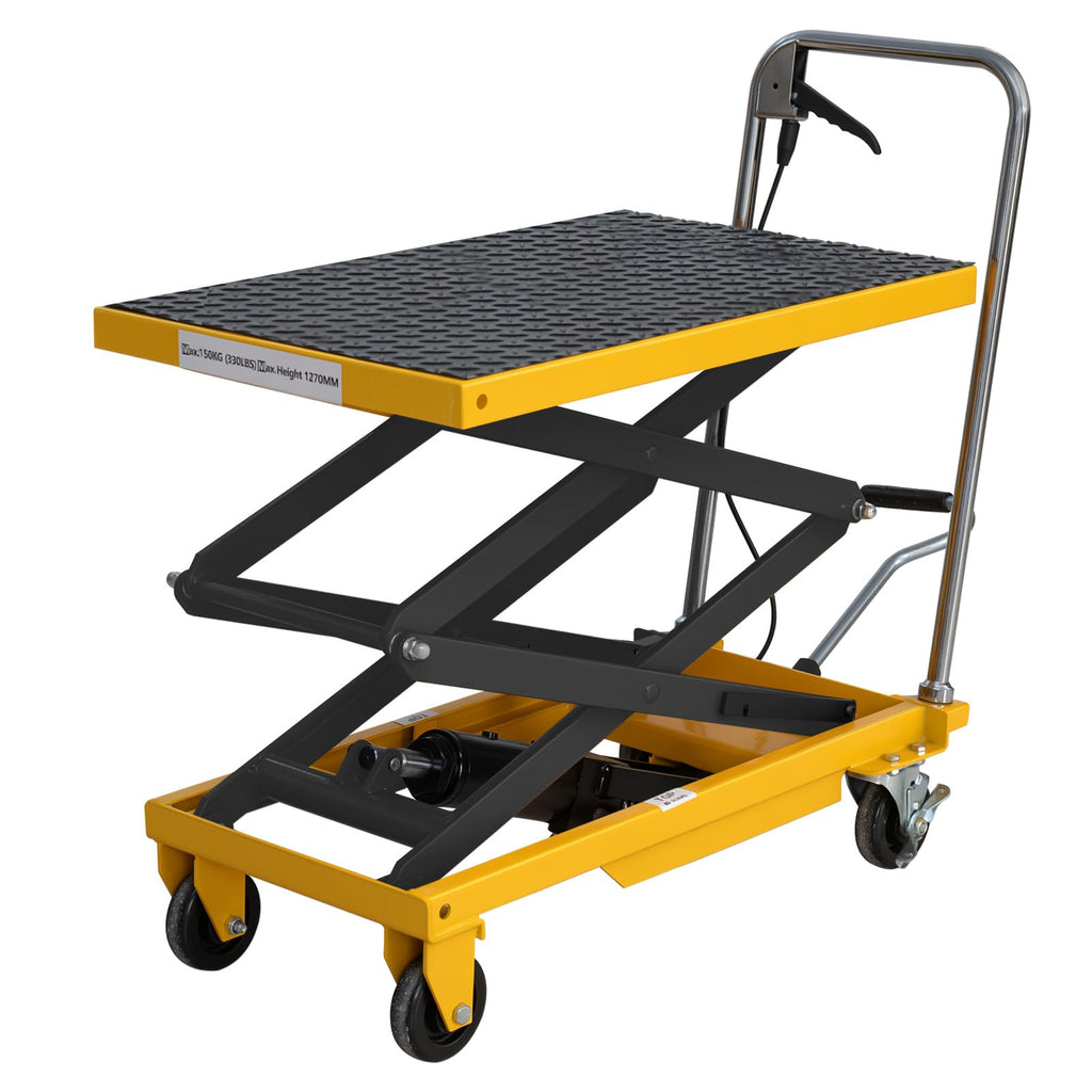 Hydraulic lift table cart 330 lbs 49.6 in max lift double scissor 4 wheels non slip pad for shop garage