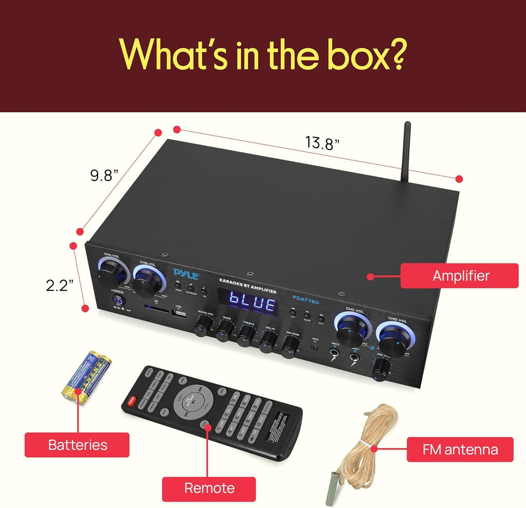 Bluetooth Home Stereo Receiver 4 Channel 800W Amplifier USB MP3 Karaoke Mic Vol Reverb Delay RCA SD FM PDA77BU