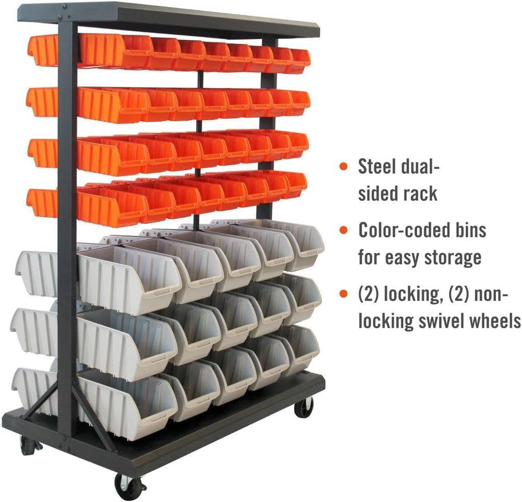 7 tier dual sided rolling storage bin rack parts organizer black heavy duty mobile utility cart