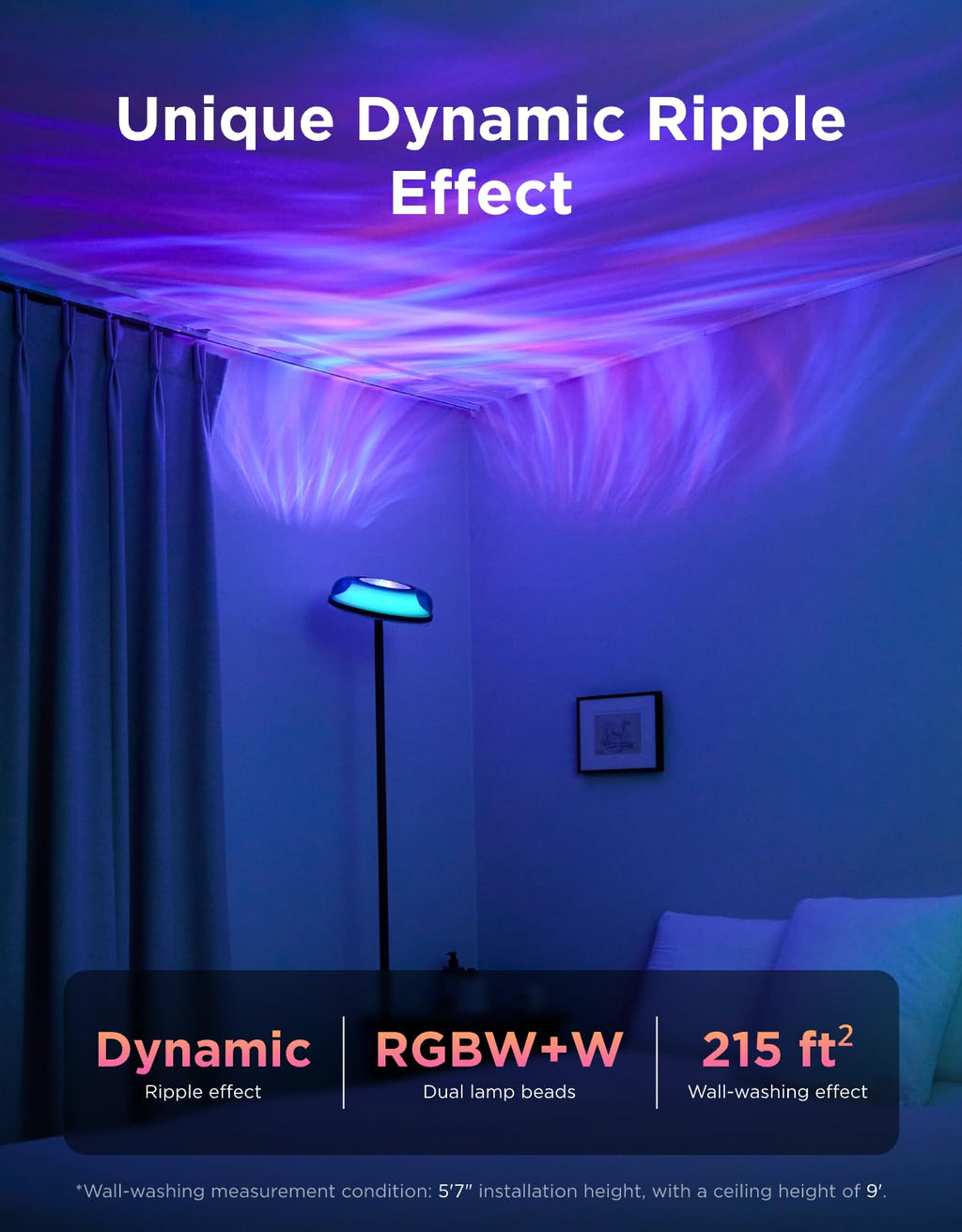 Uplighter Floor Lamp for Living Room RGBIC Ripple Projector Color Changing Ambient Mood Lighting
