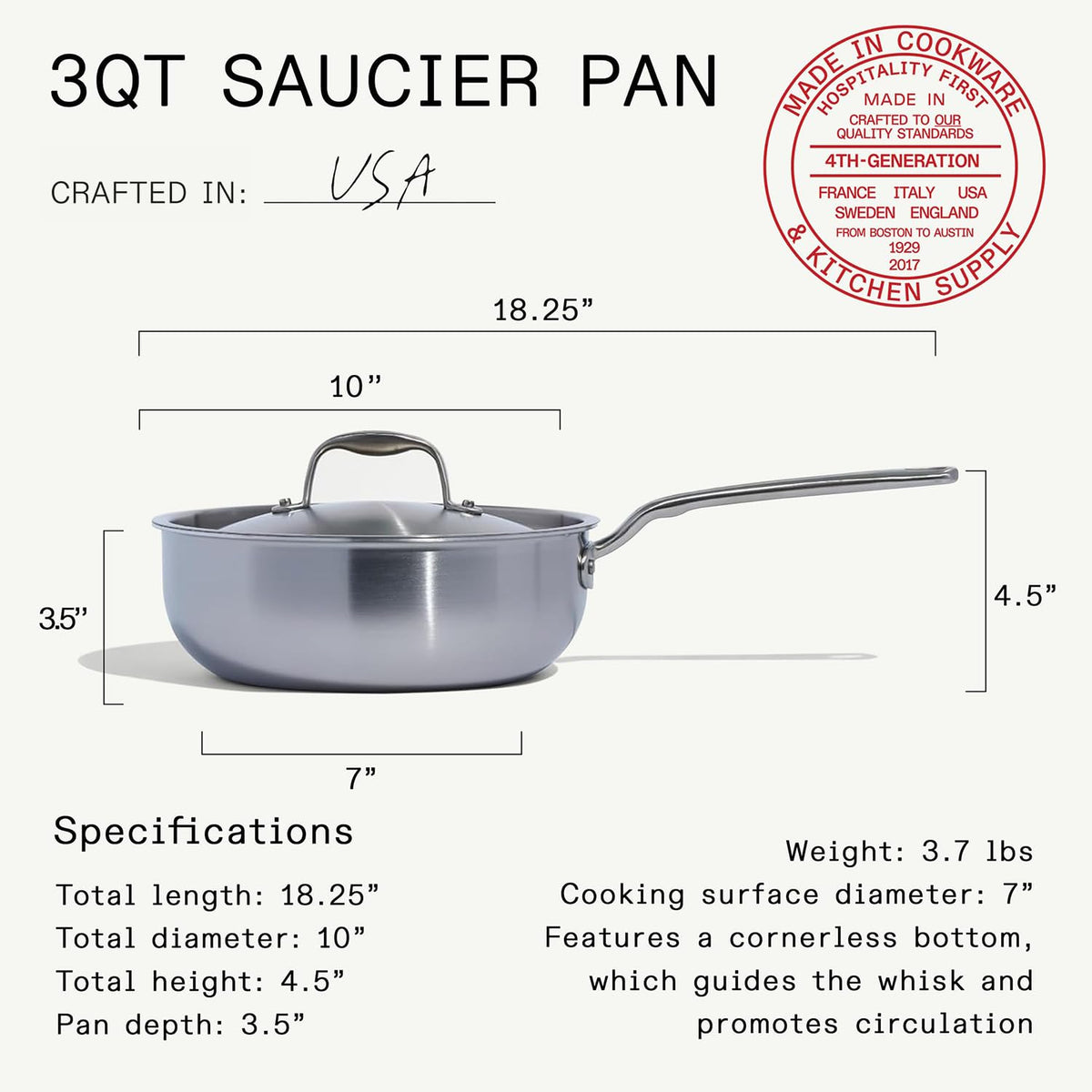 3 Quart Stainless Steel Saucier Pan 5 Ply Stainless Clad Cookware Induction Compatible