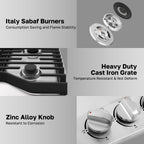 Heavy 30 Inch Gas Cooktop 5 Sabaf Burners 304 Stainless Steel Built In NG LPG Convertible Thermocouple