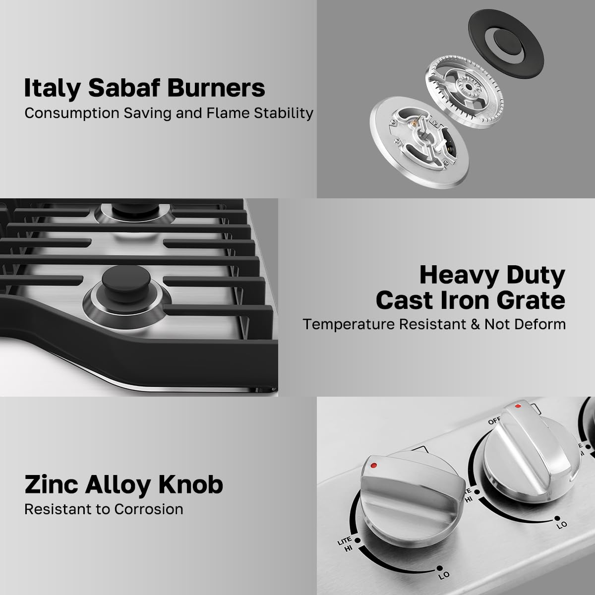 Heavy 30 Inch Gas Cooktop 5 Sabaf Burners 304 Stainless Steel Built In NG LPG Convertible Thermocouple