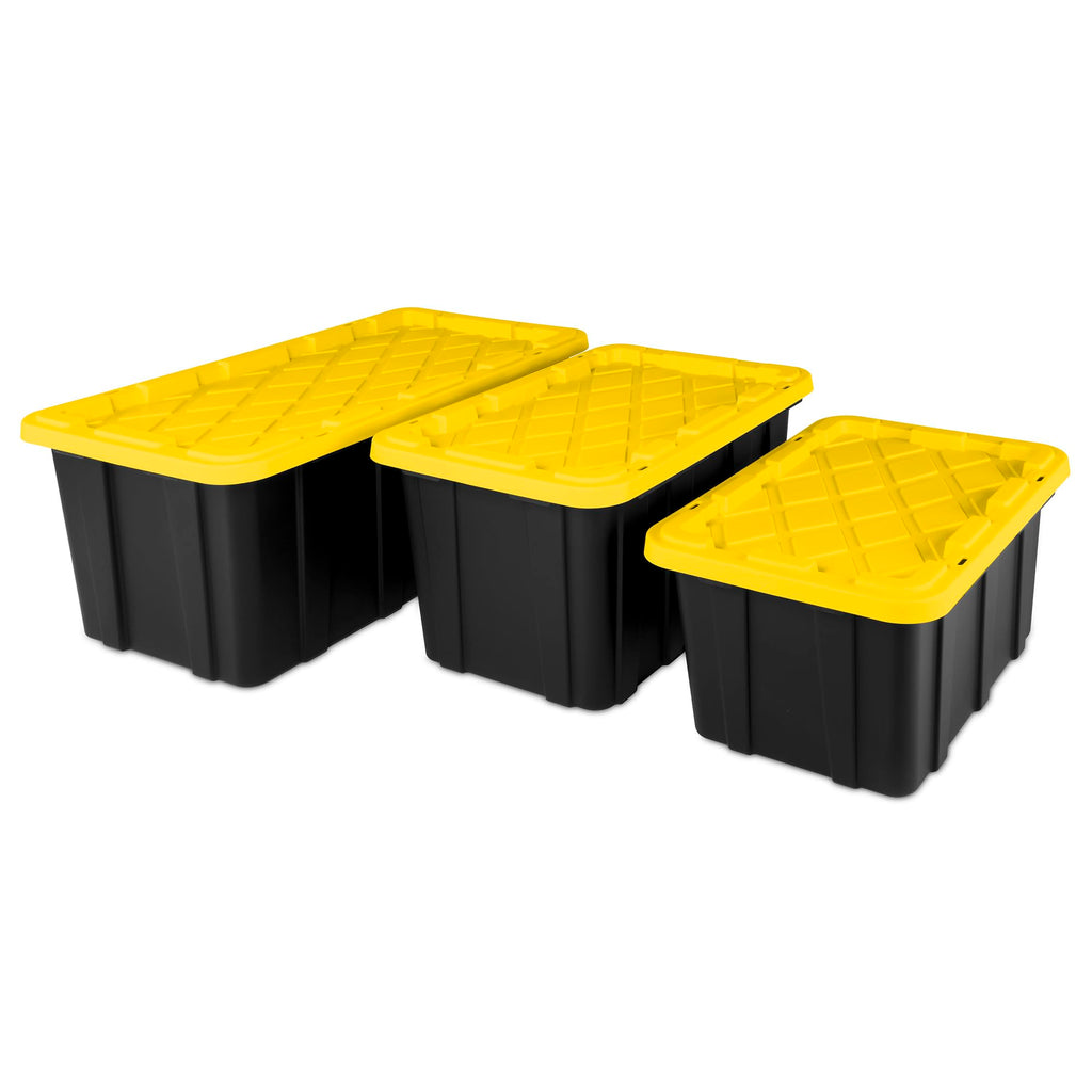 Industrial storage tote with lids for garage 27 gallon 12 pack stackable plastic storage bin