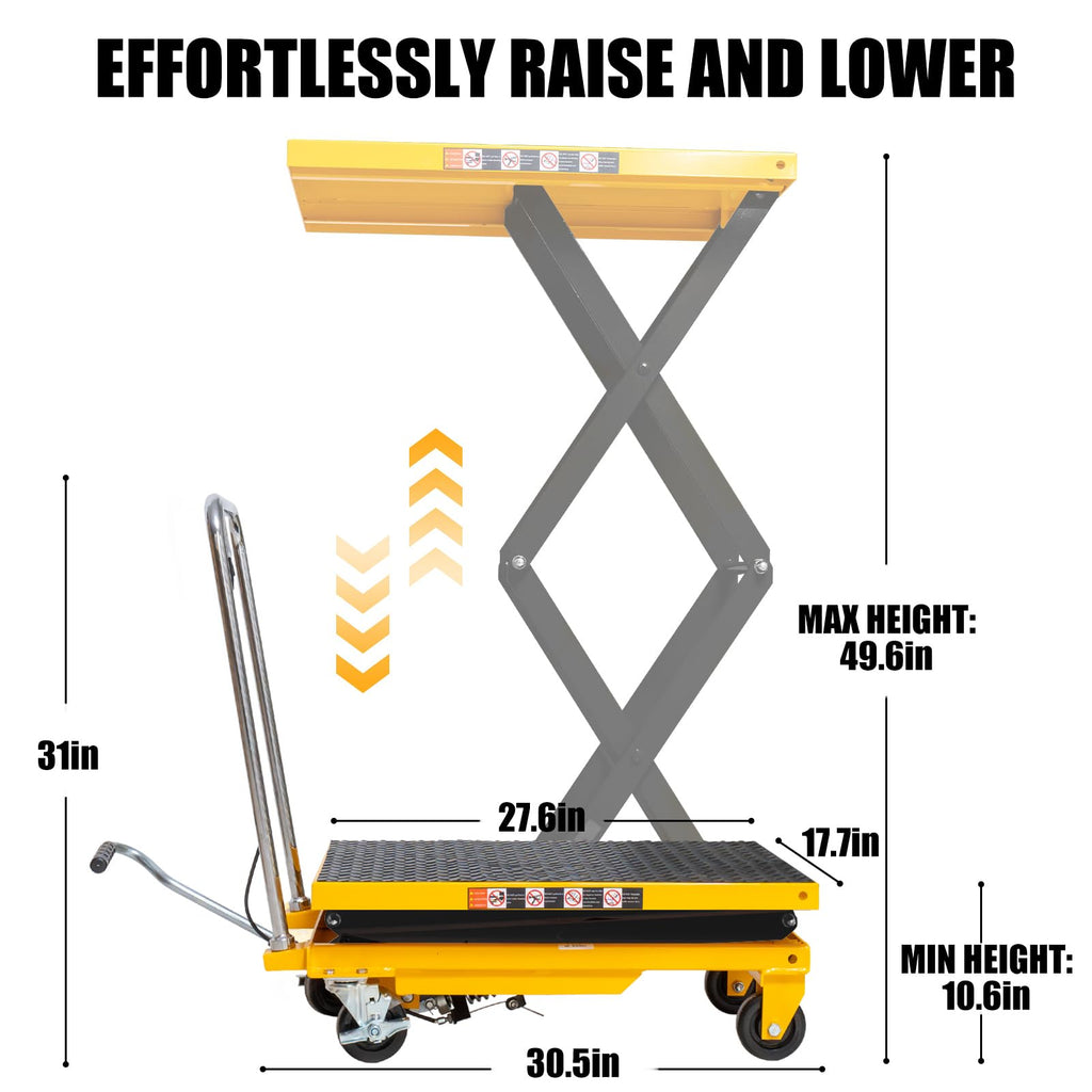 Hydraulic lift table cart 330 lbs 49.6 in max lift double scissor 4 wheels non slip pad for shop garage