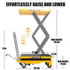 Hydraulic lift table cart 330 lbs 49.6 in max lift double scissor 4 wheels non slip pad for shop garage
