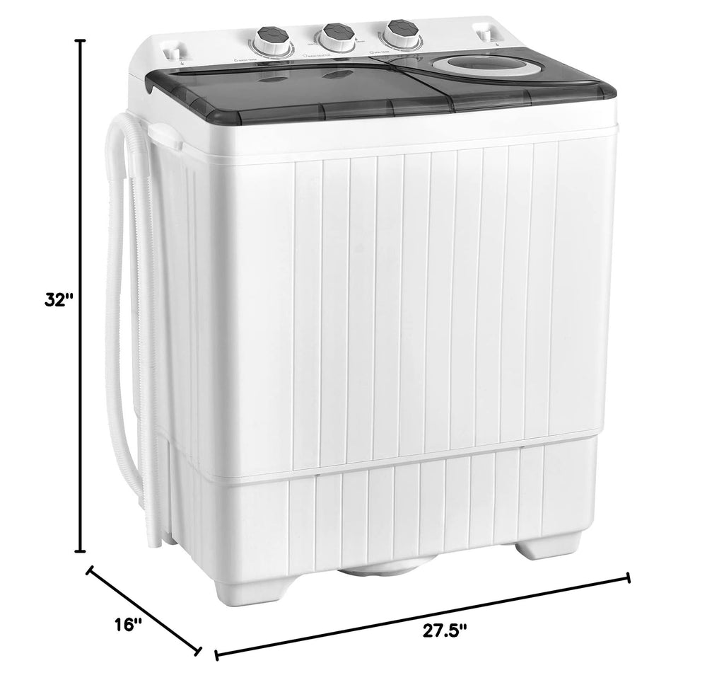 Portable Twin Tub Washing Machine 26lbs 18lbs Washer 8lbs Spinner Timer Knobs Drain Pump Compact Grey White