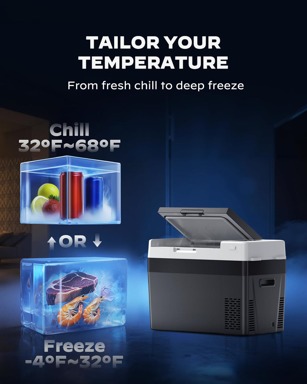 12V Fridge 32QT Portable Car Freezer minus 4 to 68°F Fast Cooling Eco Mode 12/24V DC 110 to 240V AC Camping RV