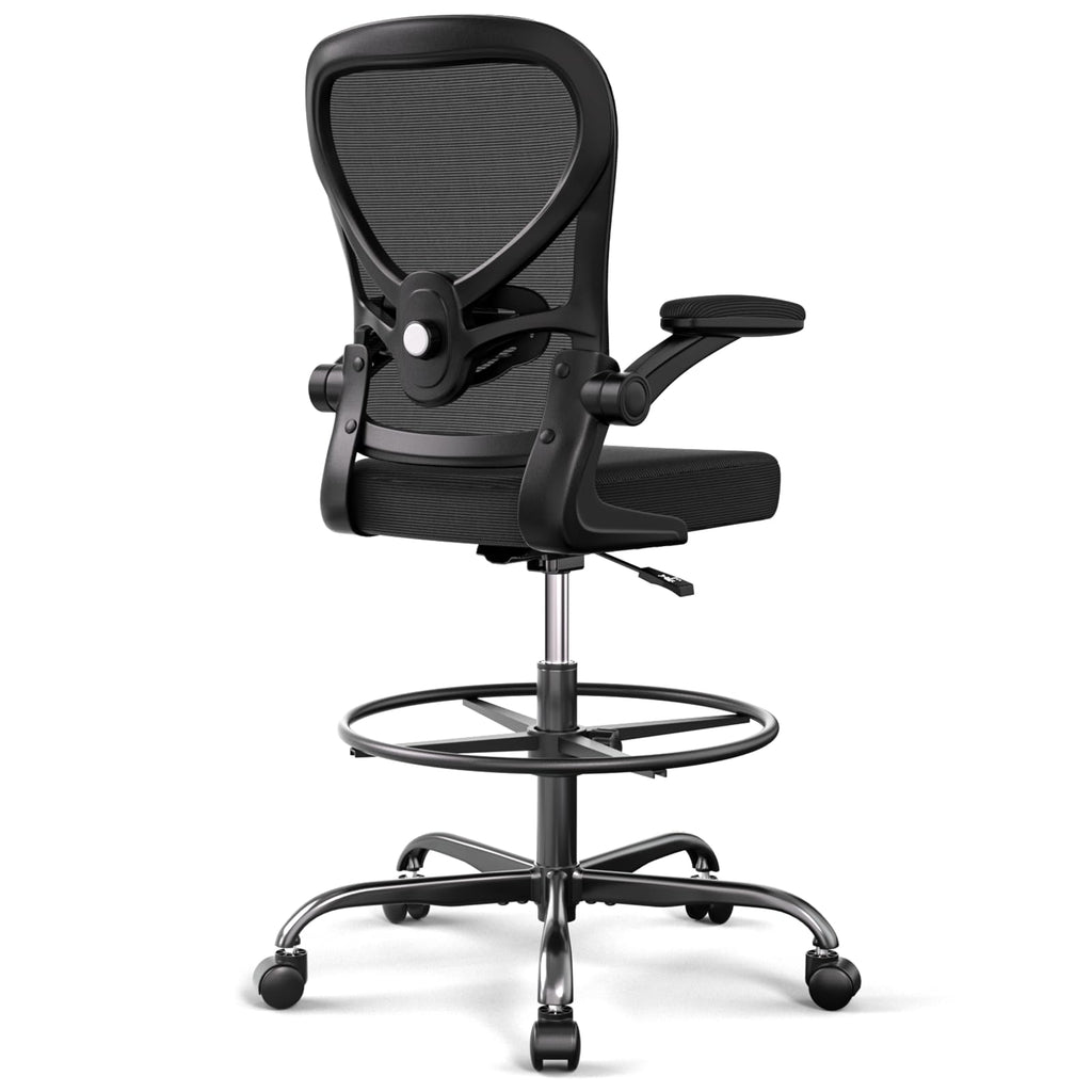 Standing Desk Drafting Chair with Footrest Ergonomic Mesh Lumbar Support Flip up Armrest Rolling Black