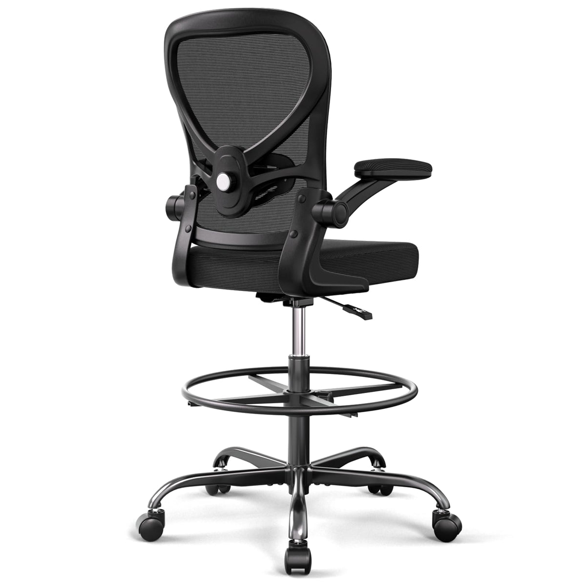 Standing Desk Drafting Chair with Footrest Ergonomic Mesh Lumbar Support Flip up Armrest Rolling Black