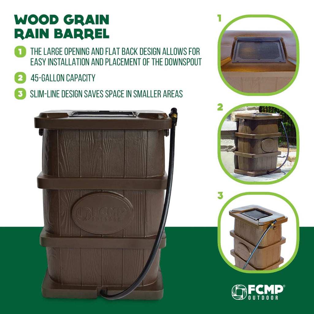 Outdoor slim line design rain barrel 45 gallon brown space saving water collection durable