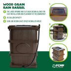 Outdoor slim line design rain barrel 45 gallon brown space saving water collection durable