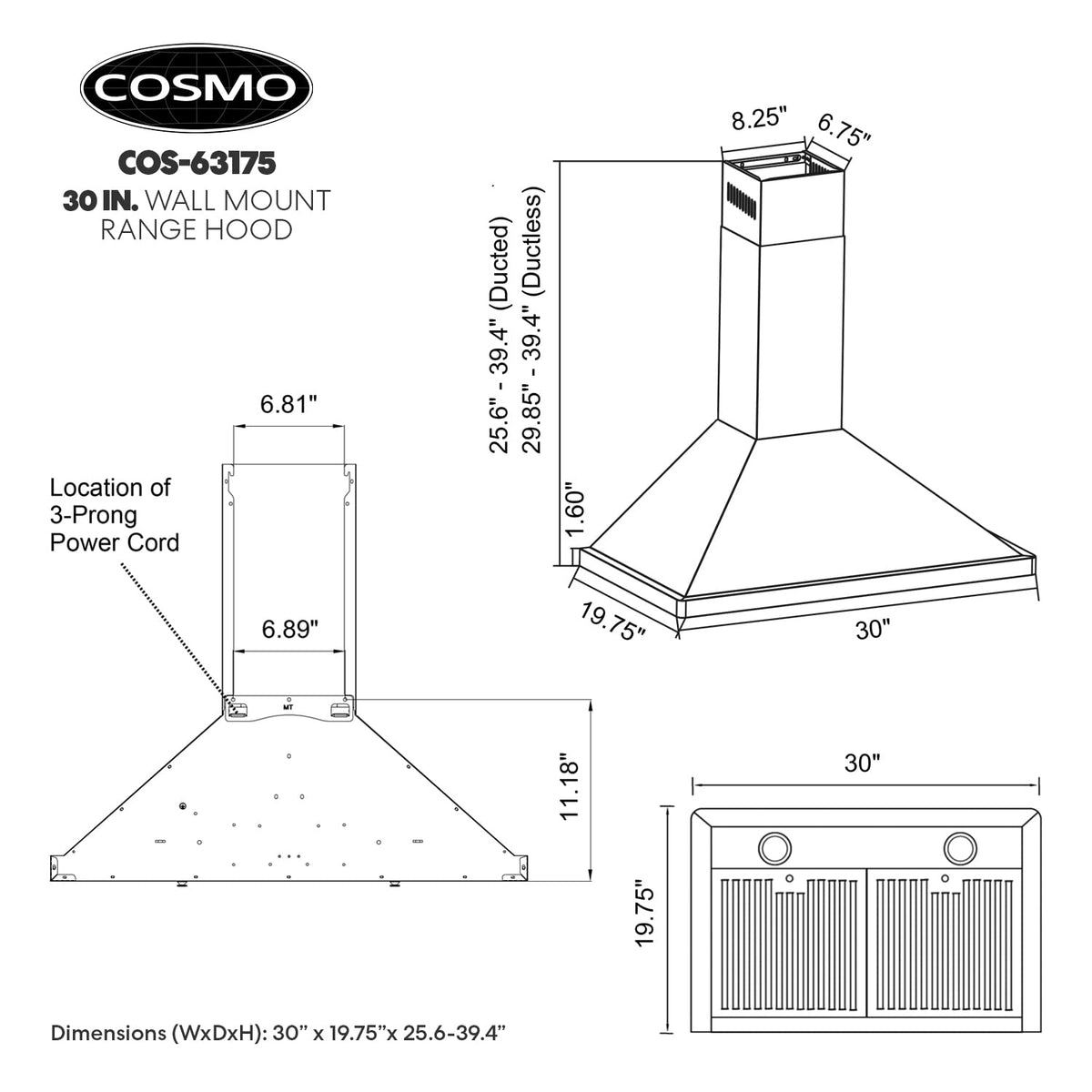 30 in 380 CFM ducted wall mount range hood LED stainless steel kitchen exhaust vent fan for home