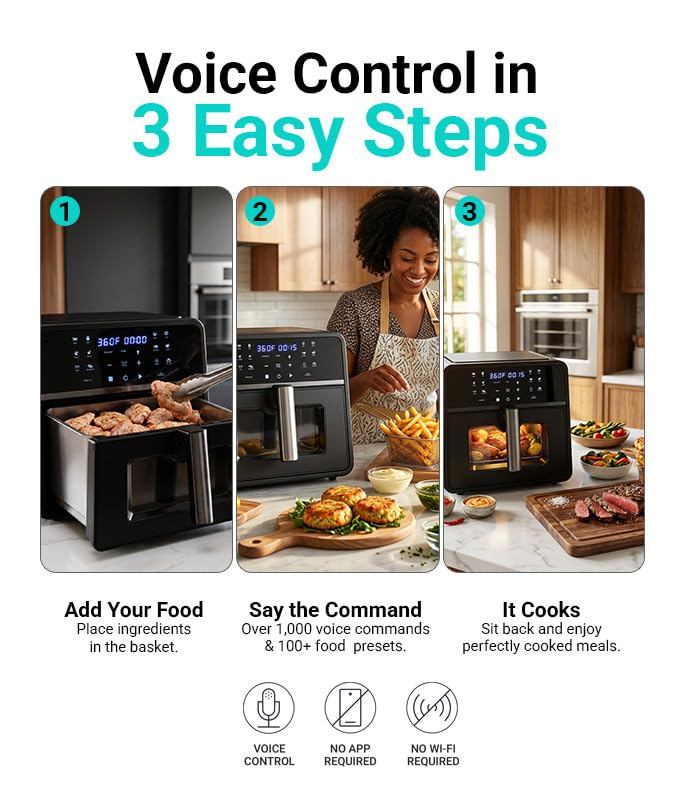 SmartVoice 10QT 6 in 1 Air Fryer 1000 Voice Commands 100 Foods No App No WiFi No Setup Nonstick Basket 1700W