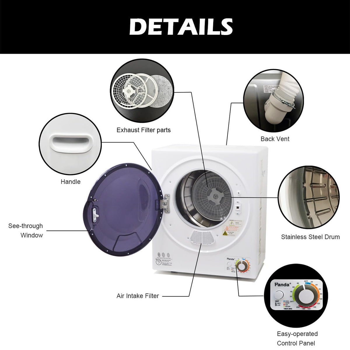 Portable Compact Clothes Dryer 1.5 Cu Ft 850W 120V Small Laundry Dryer for Apartments Dorms RV