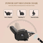 Power lift recliner chair for elderly with lumbar heat and massage grey fabric electric stand up assistance