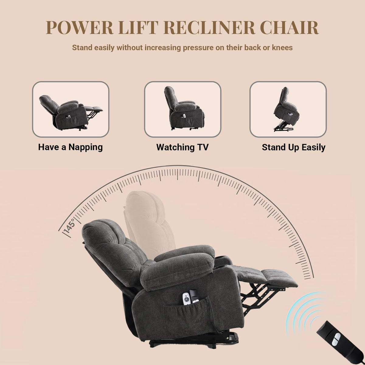 Power lift recliner chair for elderly with lumbar heat and massage grey fabric electric stand up assistance