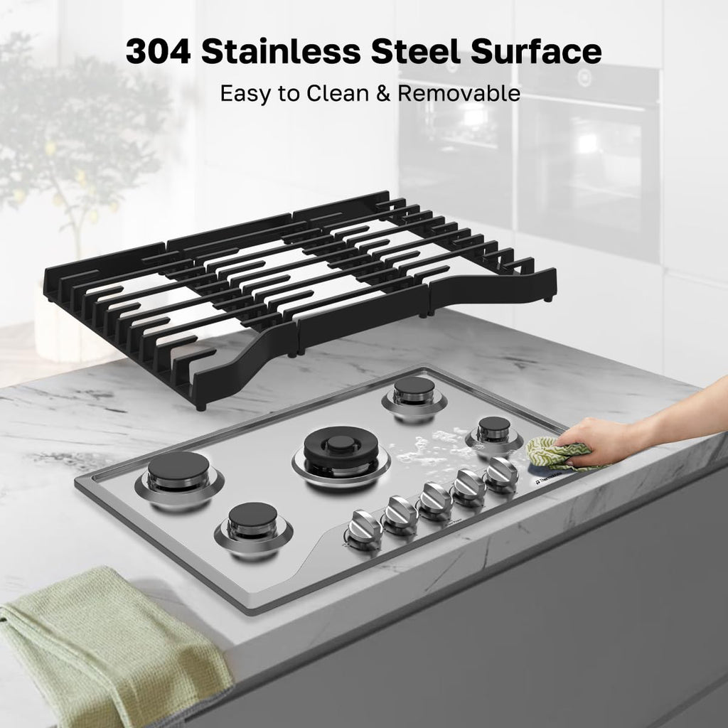 Heavy 30 Inch Gas Cooktop 5 Sabaf Burners 304 Stainless Steel Built In NG LPG Convertible Thermocouple