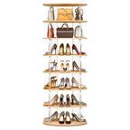 7 tier rotating shoe rack 360 degree spinning lazy susan tower acrylic wood shelf closet entryway bedroom