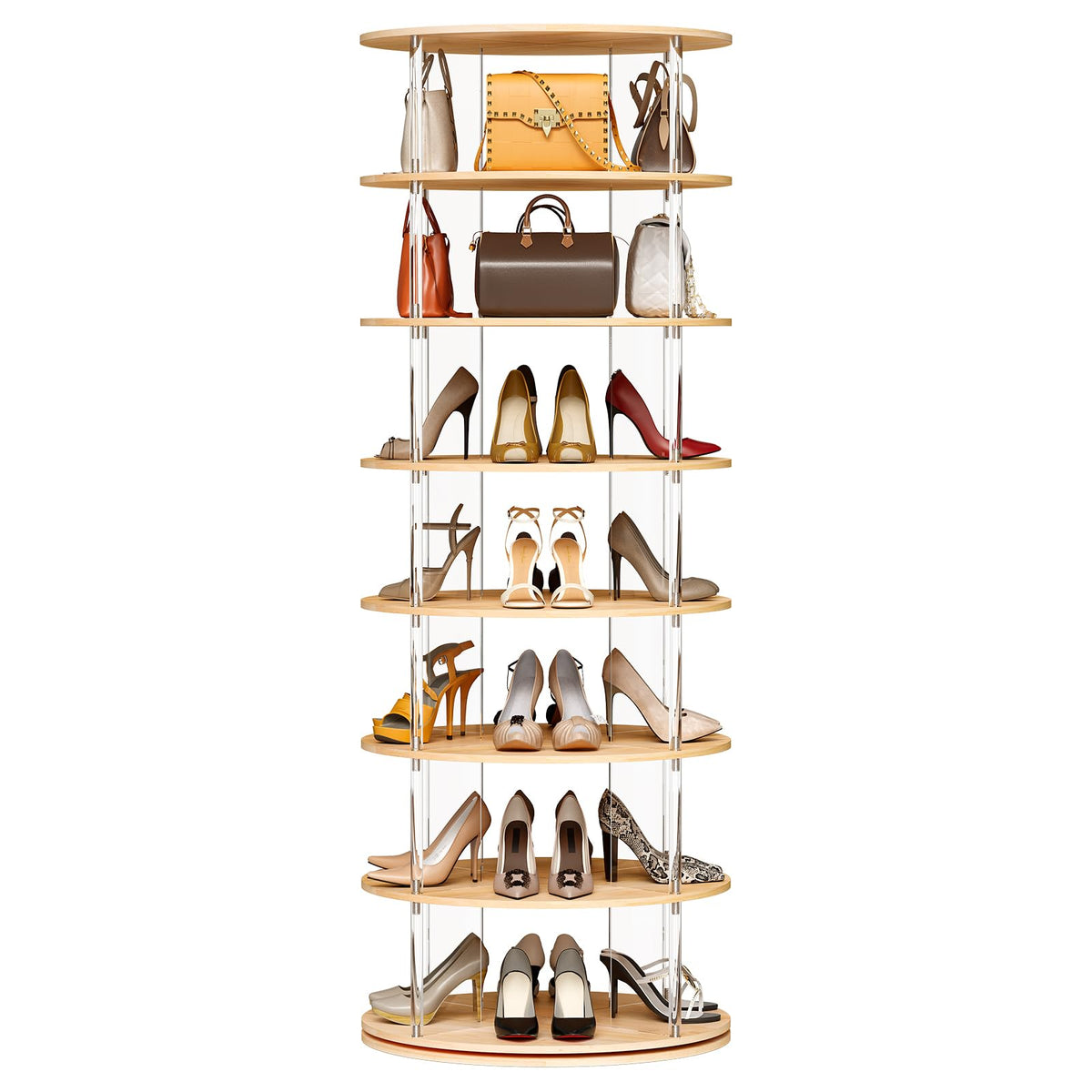 7 tier rotating shoe rack 360 degree spinning lazy susan tower acrylic wood shelf closet entryway bedroom