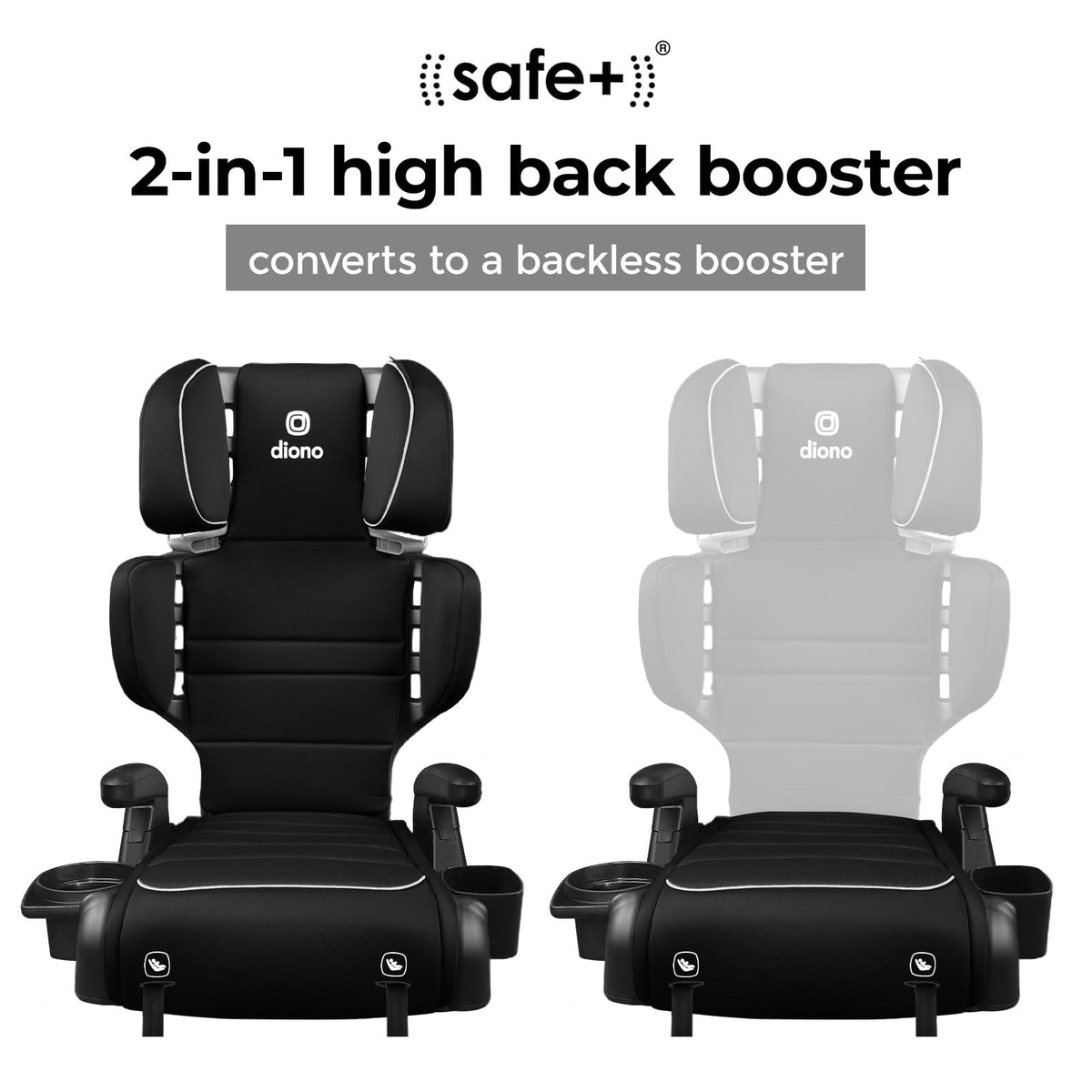 2 in 1 High Back Booster Slim Fit 3 Across 40 to 120 lbs Lightweight Latch Black Storm