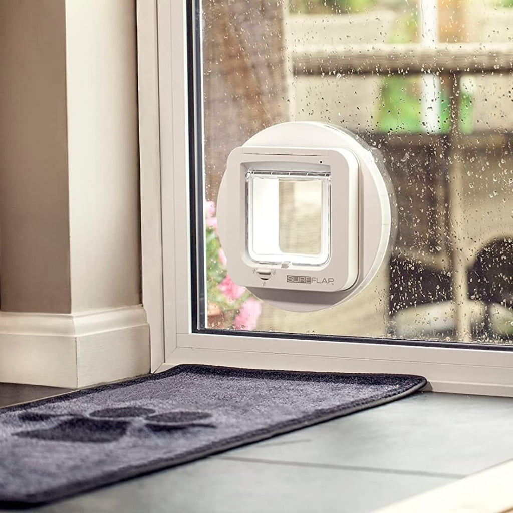 Microchip Cat Flap White Scans Pet ID on Entry Check Cat Size Flap Opening 4 3/4 H by 5 5/8 W
