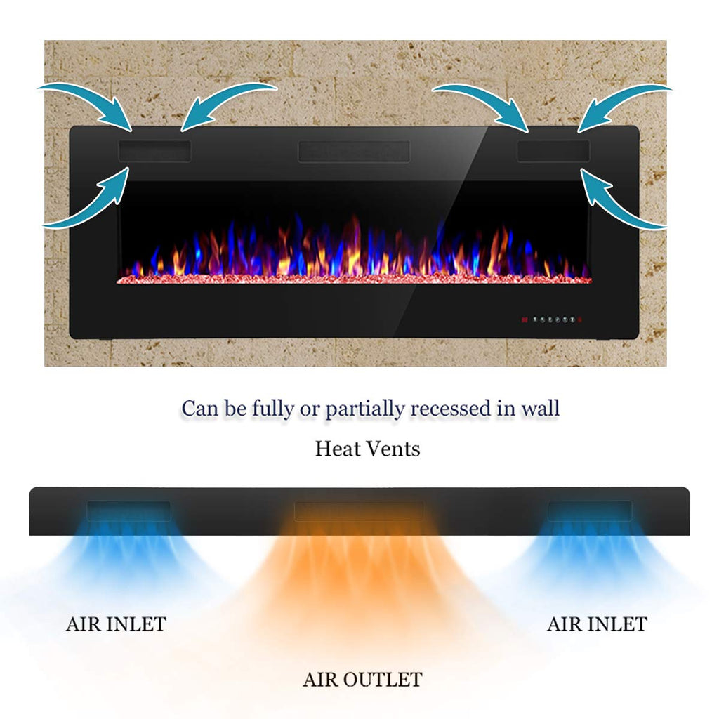 Modern Recessed and Wall Mounted Electric Fireplace 50 Inch Indoor Heater for Living Room Home