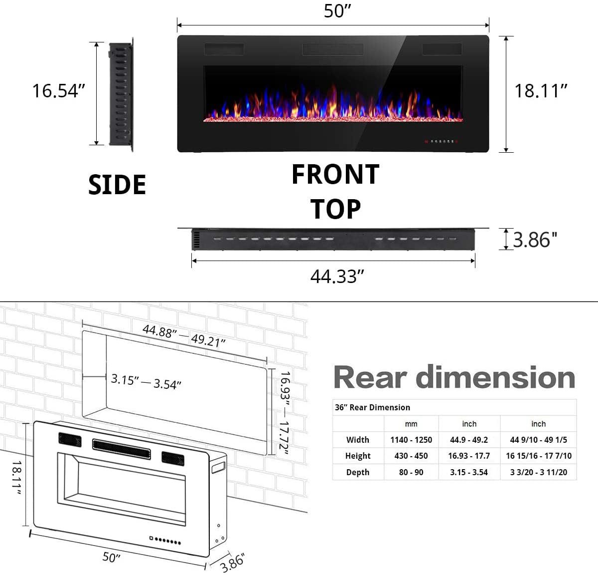 Modern Recessed and Wall Mounted Electric Fireplace 50 Inch Indoor Heater for Living Room Home