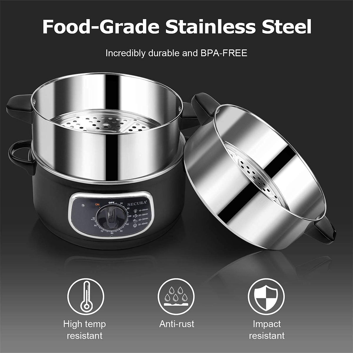 Stainless Steel Electric Food Steamer 8.5 Qt Glass Lid Double Tiered Stackable Baskets with Timer Model 2