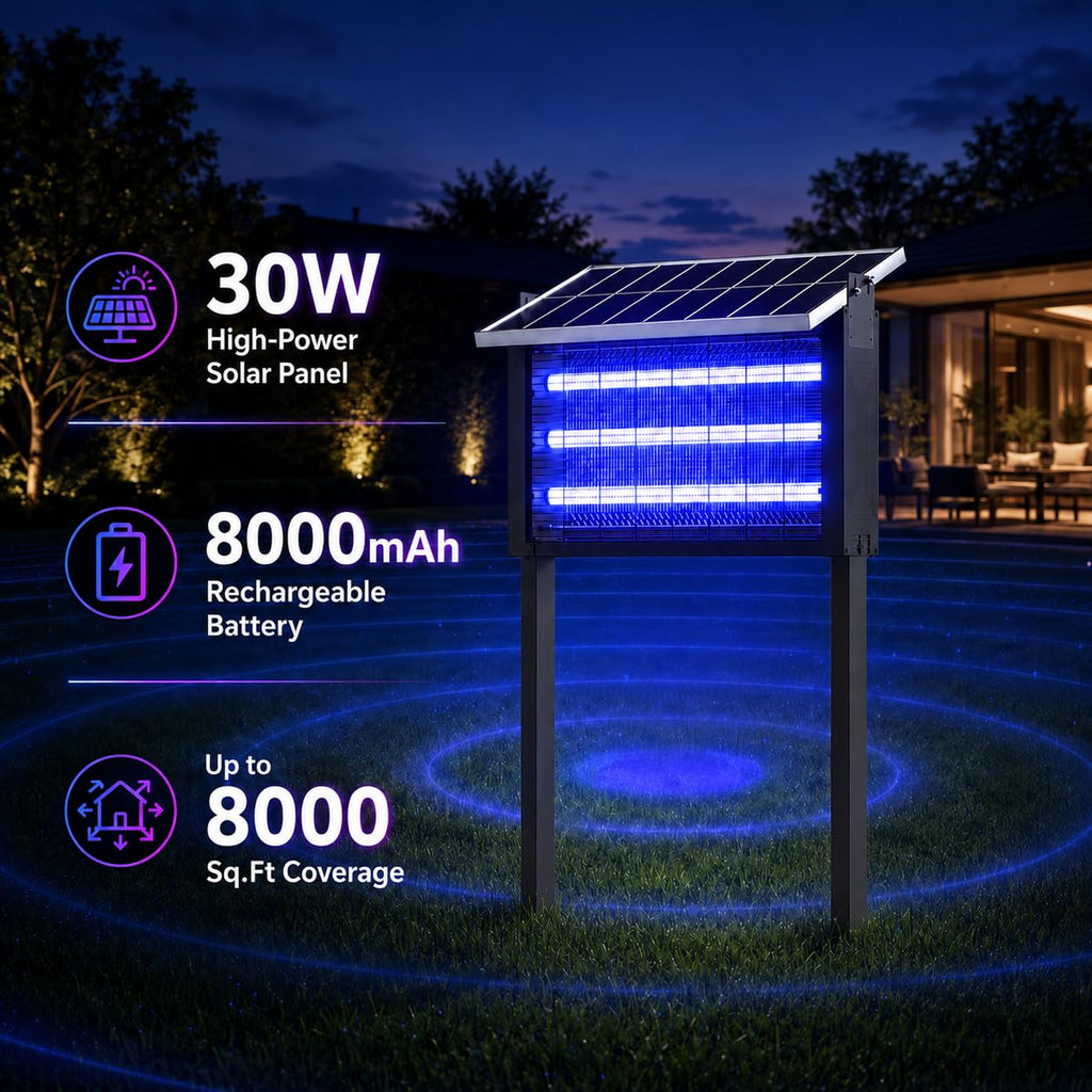 Solar bug zapper outdoor 8000 sq ft 30W mosquito zapper USB rechargeable fly trap IPX4 waterproof dusk to dawn